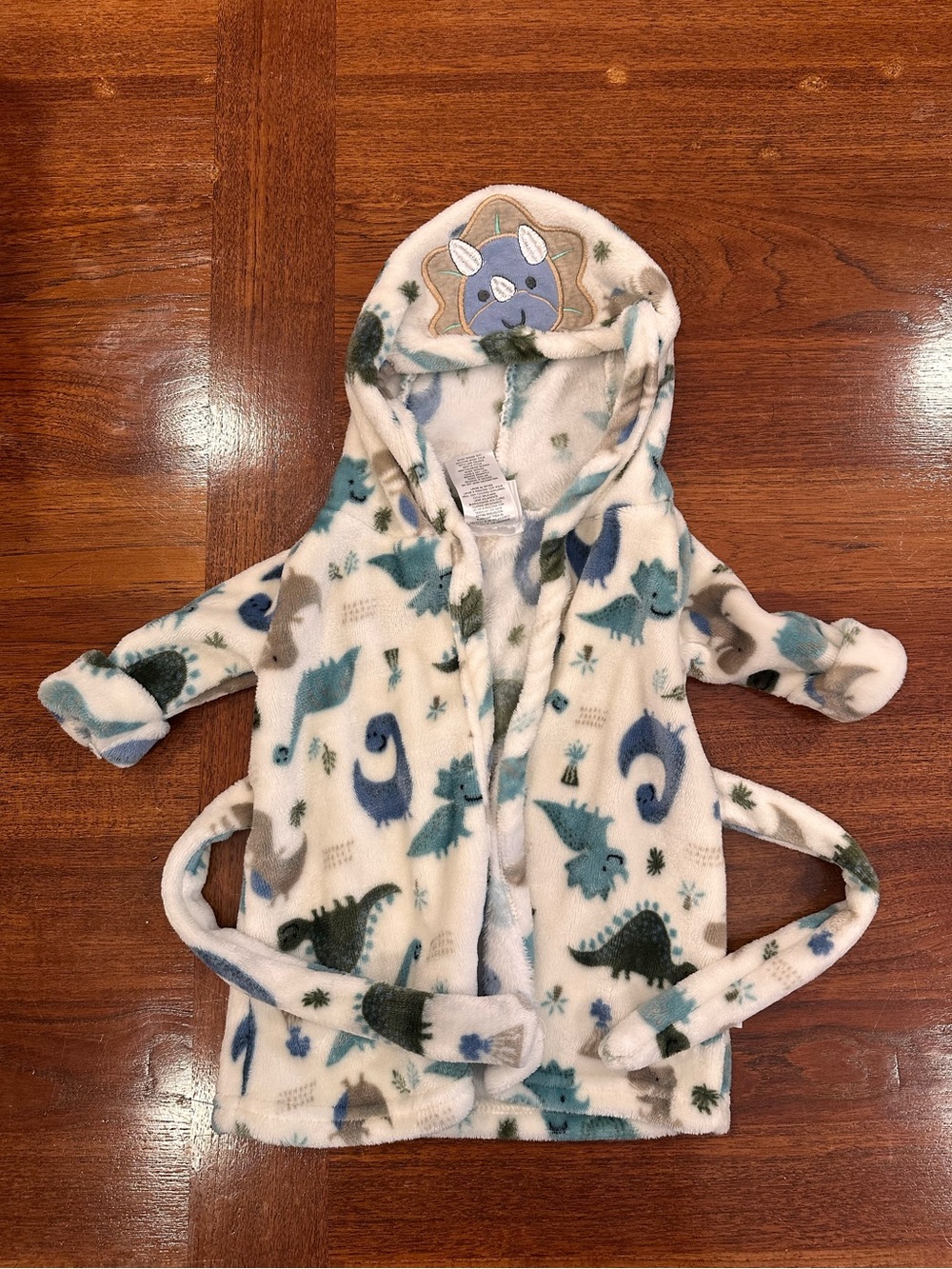 Duck Duck Plush Baby Hooded Robe with Blue & Green Dinosaur Print, 0-9 Months